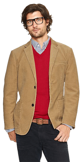 Fashionable man wearing glasses, tan blazer, red sweater, blue collared